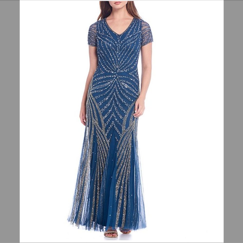 NWT Adrianna Papell Beaded Gown with Godets ~ Art Deco ~ Pisarro Nights ~ SZ 12